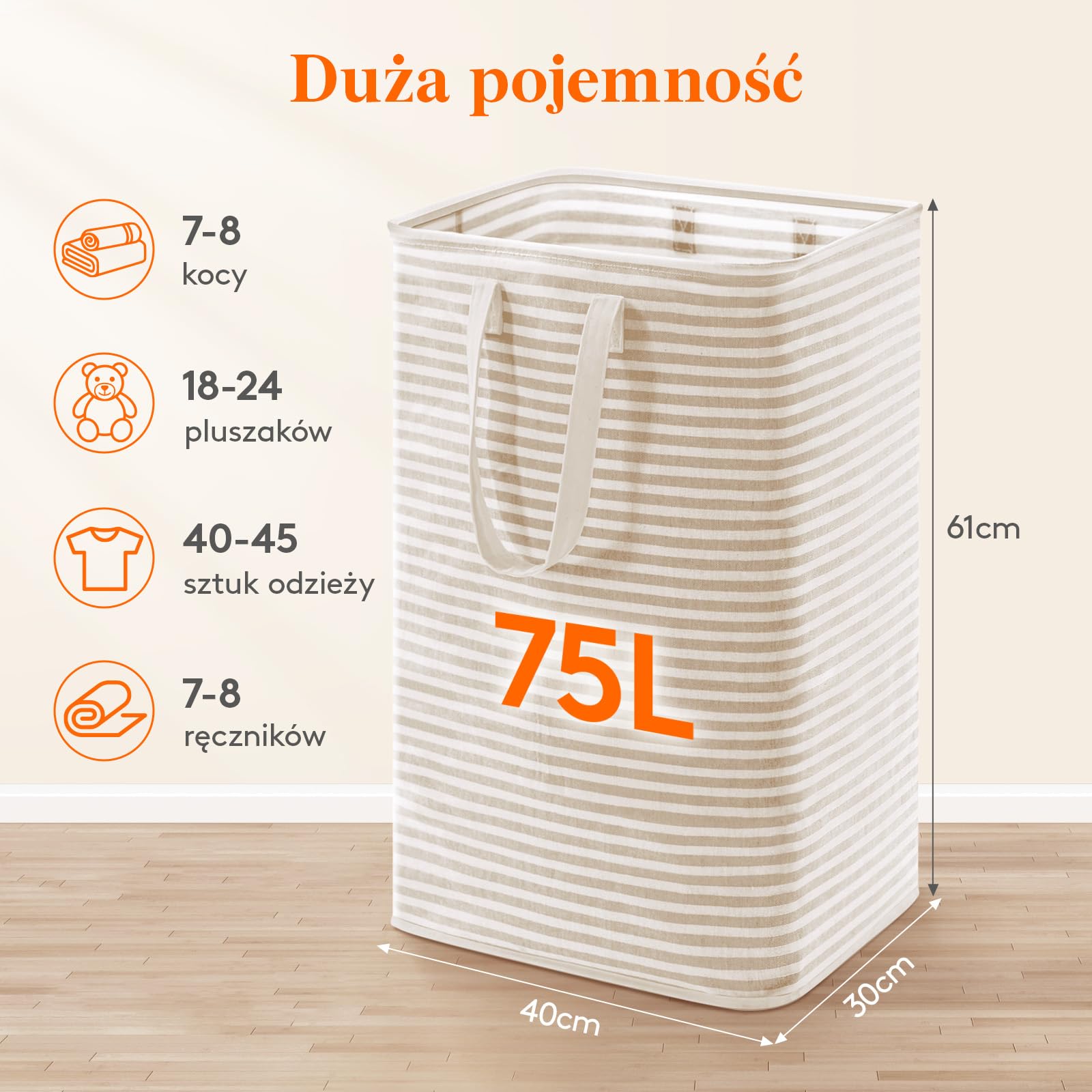 Lifewit Kosz na pranie, 75 l, duży kosz na pranie, składany pojemnik na pranie, wodoszczelny, pojemnik do sortowania prania, z uchwytami, na ubrania, ręczniki, zabawki, beżowy
