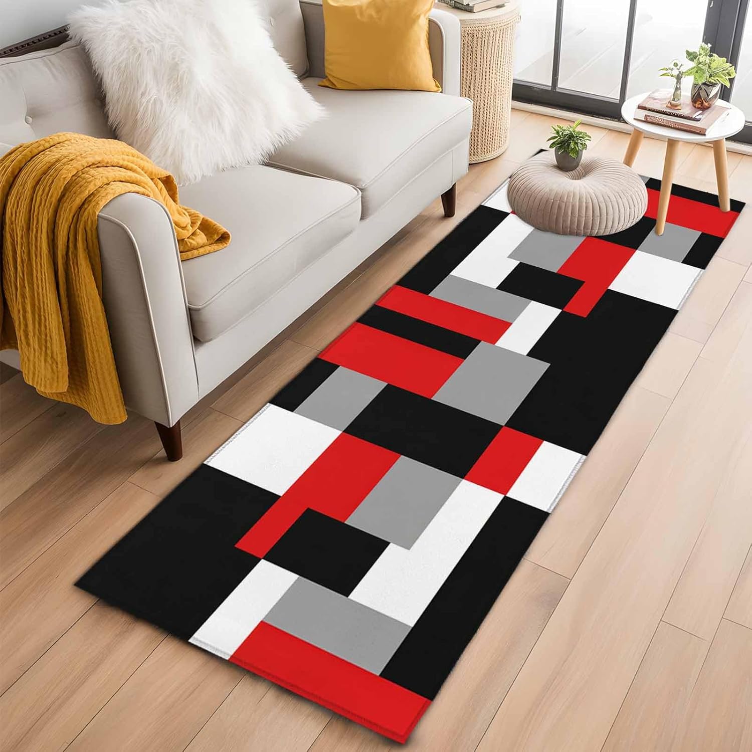 Red Black Grey Geometric Kitchen Runner Rug 2x6 Washable Runners for Hallway Non Slip Modern Abstract Art Luxury Large Area Rug Indoor Floor Carpet for Bathroom Laundry Entryway Bedroom Living Room