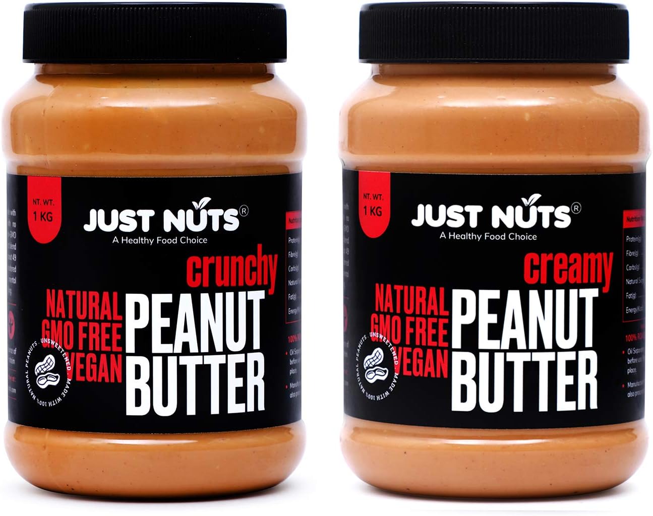 Just Nuts All Natural Crunchy and Creamy Peanut Butter 1 Kg - Pack of 2 (Unsweetened, Non-GMO, Gluten Free, Vegan)