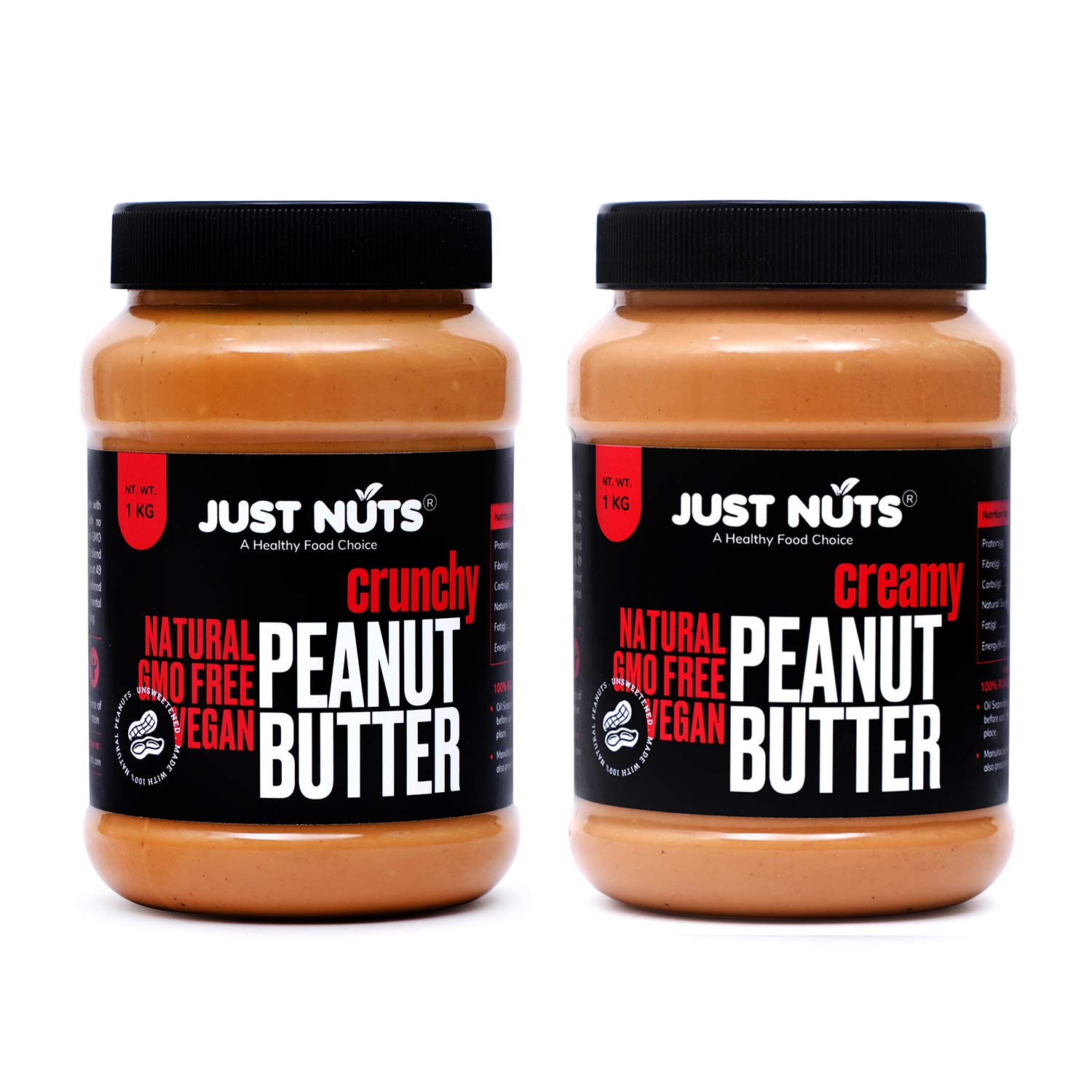 Just Nuts All Natural Crunchy and Creamy Peanut Butter 1 Kg Pack of 2
