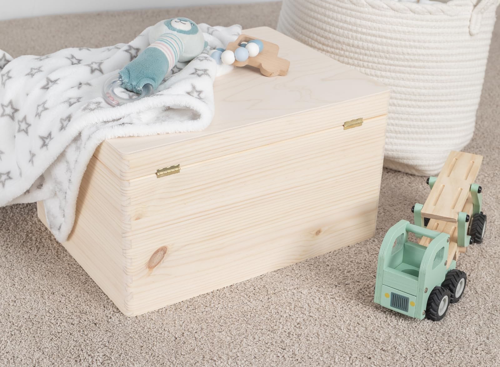 Pinus Erinnerungskiste Holz personalisierbar 60x40x23 cm | Wunschtext Name Datum, Kiefernholz, UV Druck, Baby Erinnerungen, Geschenk Geburt Taufe 1 Geburtstag