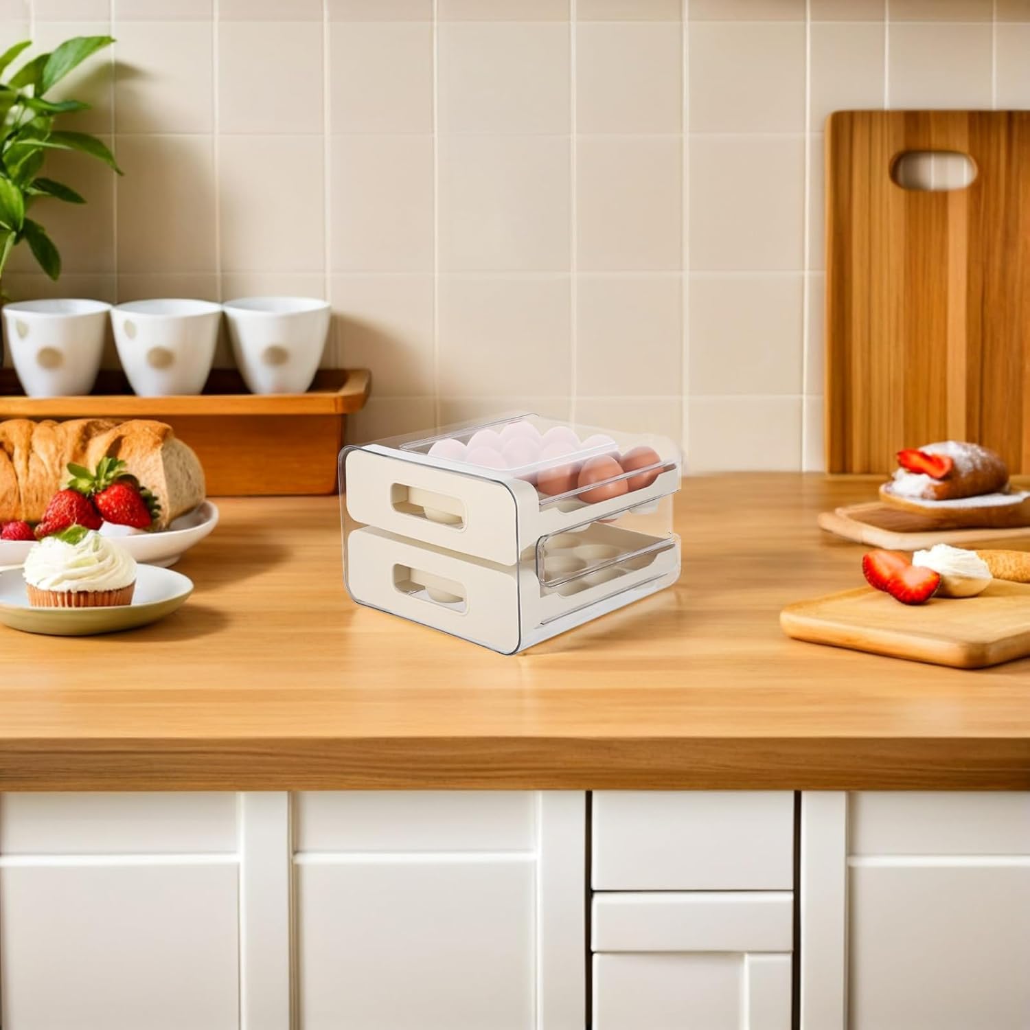 Stackable Egg Holder: 32-Grid Refrigerator Plastic Drawer Type Storage Box - Transparent Organizer for Fridge Shelf - Fresh Egg Storage Tray