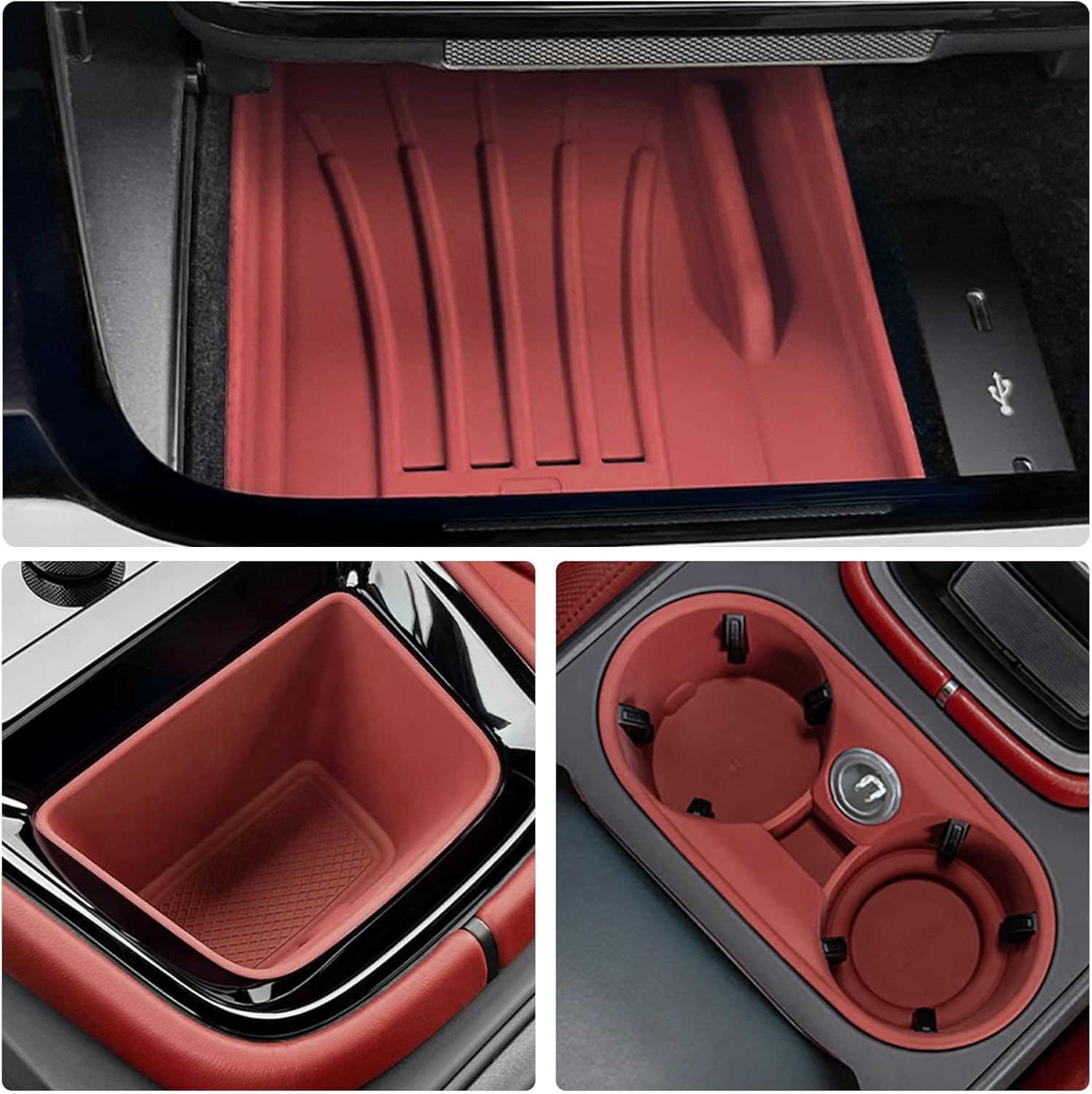 Fits for Porsche Cayenne Accessories 2024-2026, 3pcs/Set Center Console Organizer Tray, Interior Storage Box Cup Holder Insert, Silicon Dirtyproof Protection Pad (3pcs red for 2024 2025 2026)