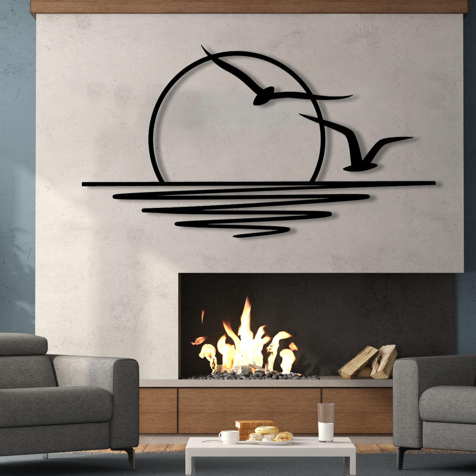 Zbello Black Sunrise Wall Art, Sea Sun And Seagulls Mmetal Wall Decor, Wall Hangings, Patio Decor, Home Decoration, Bird Art,Above Bed Decor,Sunset Decor,Sun Wall Decor, Bird Wall Art (29.9X43.1inches,)