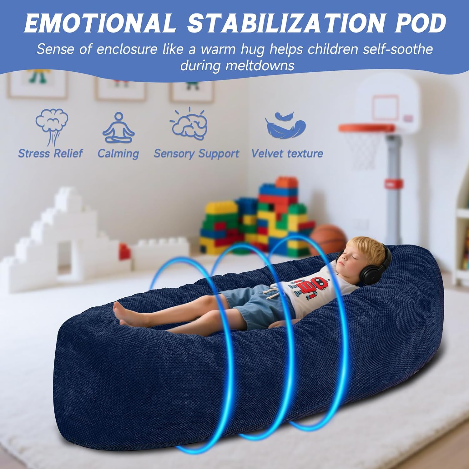 Sensory Chair for Autistic Children - Foam Peapod Sensory Canoe with Non-Slip Base, Soft Cover Machine Washable, Calming Cocoon for Kids(Navy Blue)