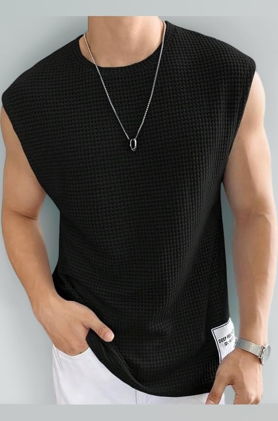 Mens Waffle Tank Tops Sleeveless Round Neck Polycotton T-Shirt for Gym, Running and Outdoor
