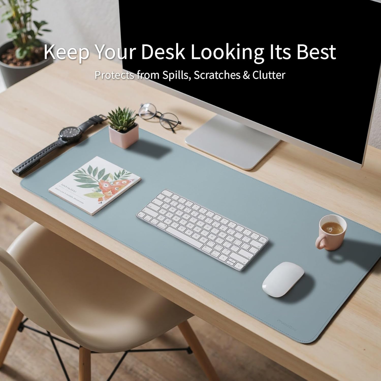 Oversized Non-Slip Desk Pad Protector with Premium Gift Box – Vegan Leather Waterproof Laptop Mat for Keyboard & Mouse, Grips Desk Firmly – Large Office Pad– Morning Fog Blue