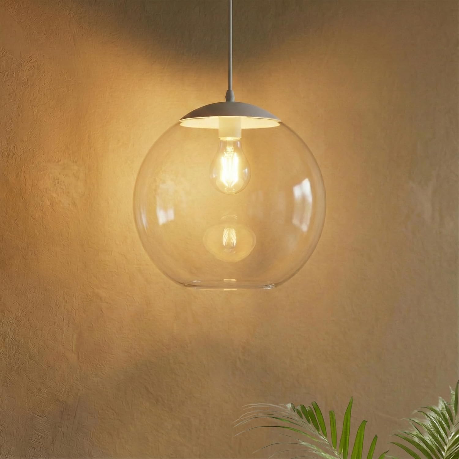 KASTLITE 10" Acrylic Globe Pendant Light Fixture, 8W 3000K Filament LED Bulb, Ceiling Mount - Kitchen Pendant Lighting Over Island, Hanging Dining Light, Living Room Lamp - Clear Shade, White Base