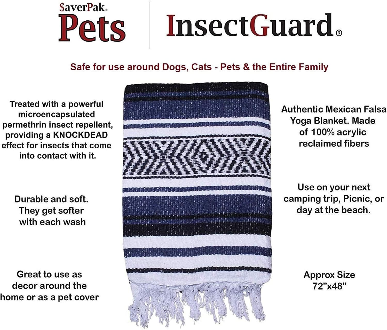 $averPak InsectGuard Permethrin Treated Mosquitoes, Flies, Ticks & More Insect Repellent Dog & Pet Blanket for Home Car Truck Authentic Mexican Falsa Blanket (Red/Black/White)