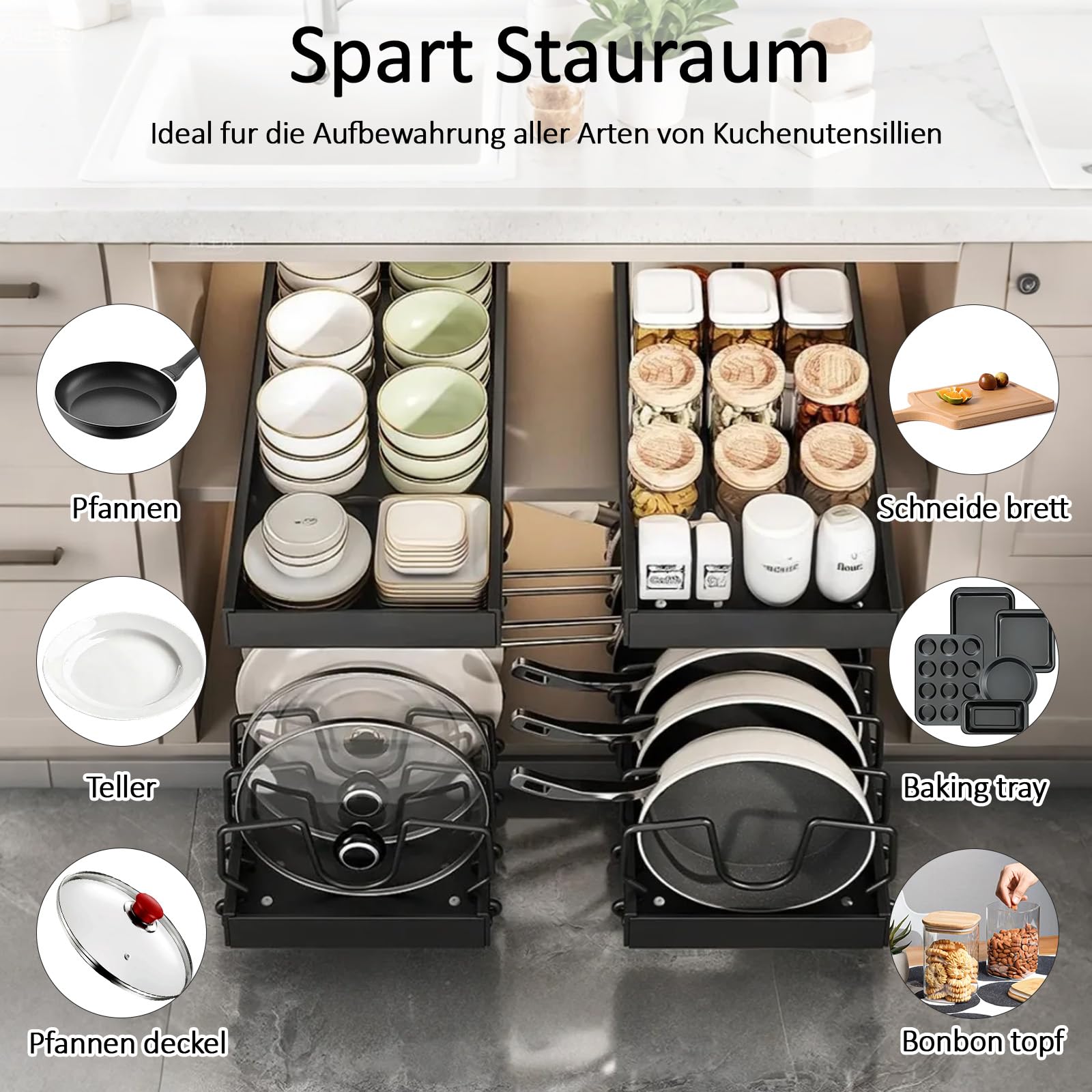 Organisateur Extensible de casseroles et poêles sous Le Placard, Lot de 2, Support de casseroles pour tiroir avec 8 séparateurs réglables, Support de pour Le Rangement et l'organisation de la Cuisine