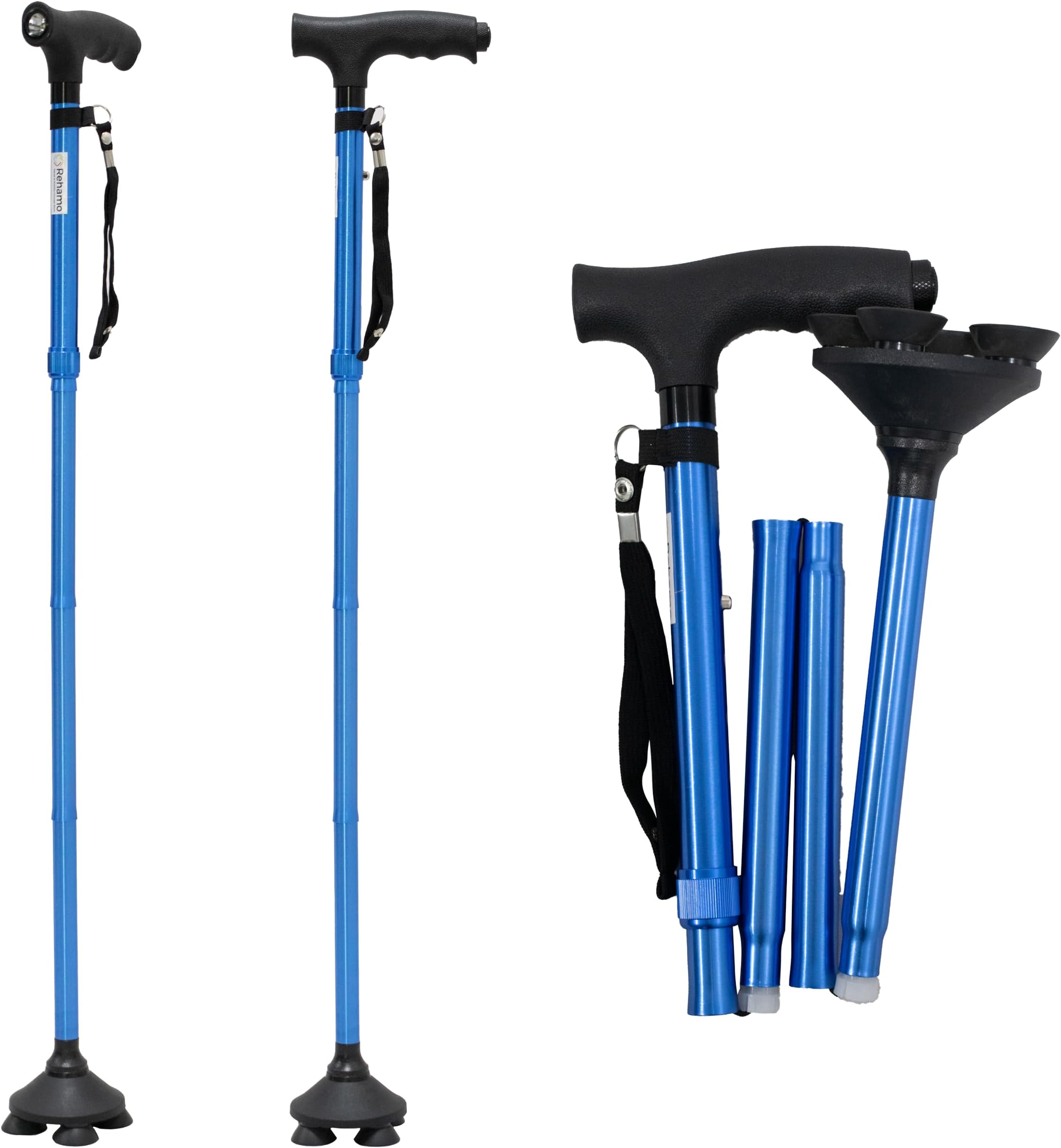 Rehamo Foldable Walking Stick for Old Age | 360° Pivot Base, Adjustable Height, LED Torch, Non-Slip Grip, Lightweight Aluminium Cane for Men & Women | 1-Year Warranty
