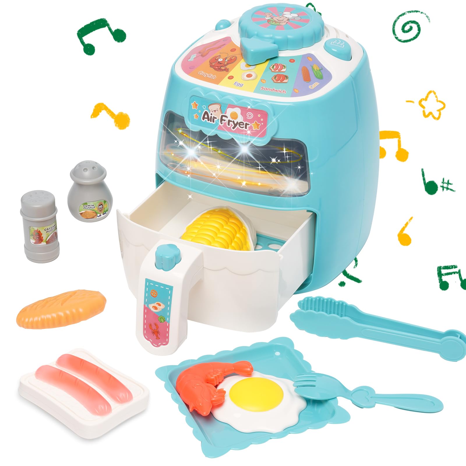 Friggitrice ad aria calda, set friggitrice ad aria per bambini, friggitrice ad aria per finta, accessorio da cucina realistico, set di giocattoli da cucina musicale parlante con cambio di colore
