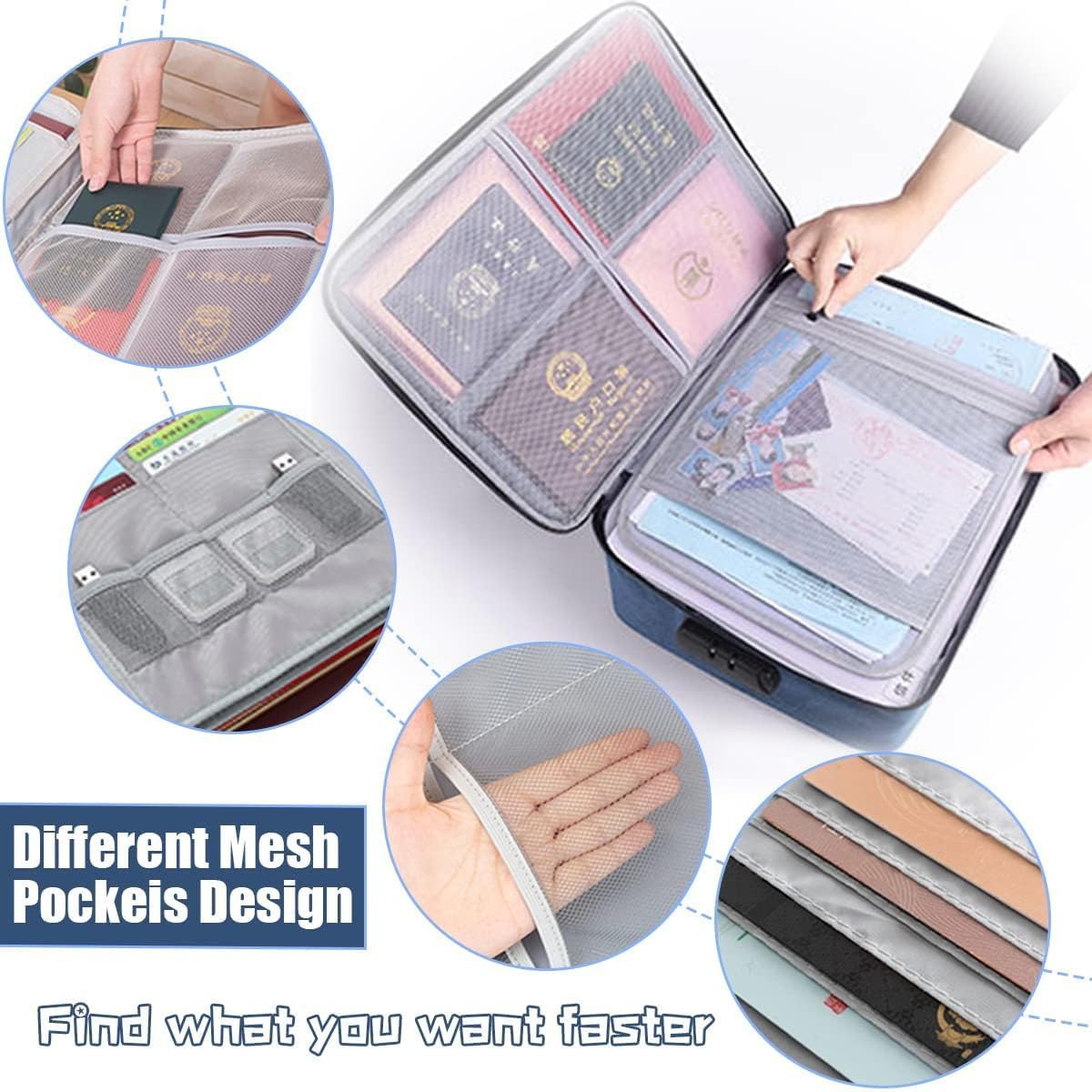 GOPINATH ECOM Document Organizer Bag Waterproof Travel File Storage Case with Code Lock Multilayer Certificates Folder Fireproof Scratch Resistant Durable Portable Office Home Organizer