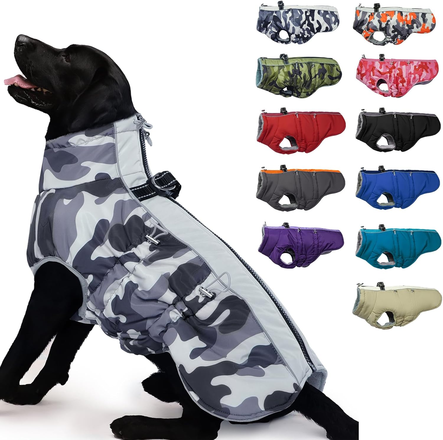 Medium Dog Coat Dog Winter Jacket,Warm Dog Coat with Harness Reflective Dog Snow Jacket Water-Resistant Dog Vest Zip Up Snowsuitfor Medium Dogs Jack Russell, Mini Schnauzer, Grey-Camouflage