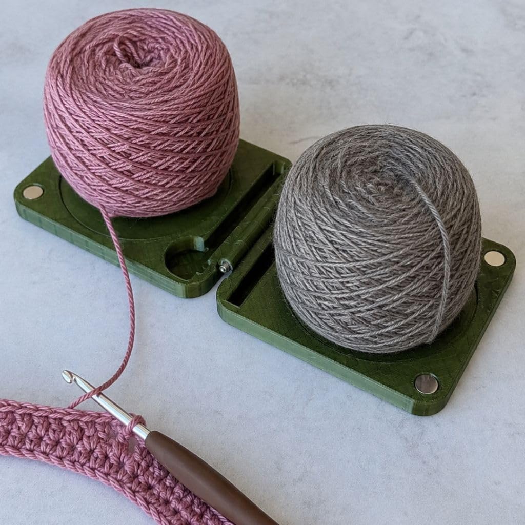 Portable Yarn Holder for Crochet and Knitting, Foldable 3D Printed Yarn Spinner Travel Case with Spindle, Compact Yarn Organizer for Yarn (Double Spindle/Olive Green)