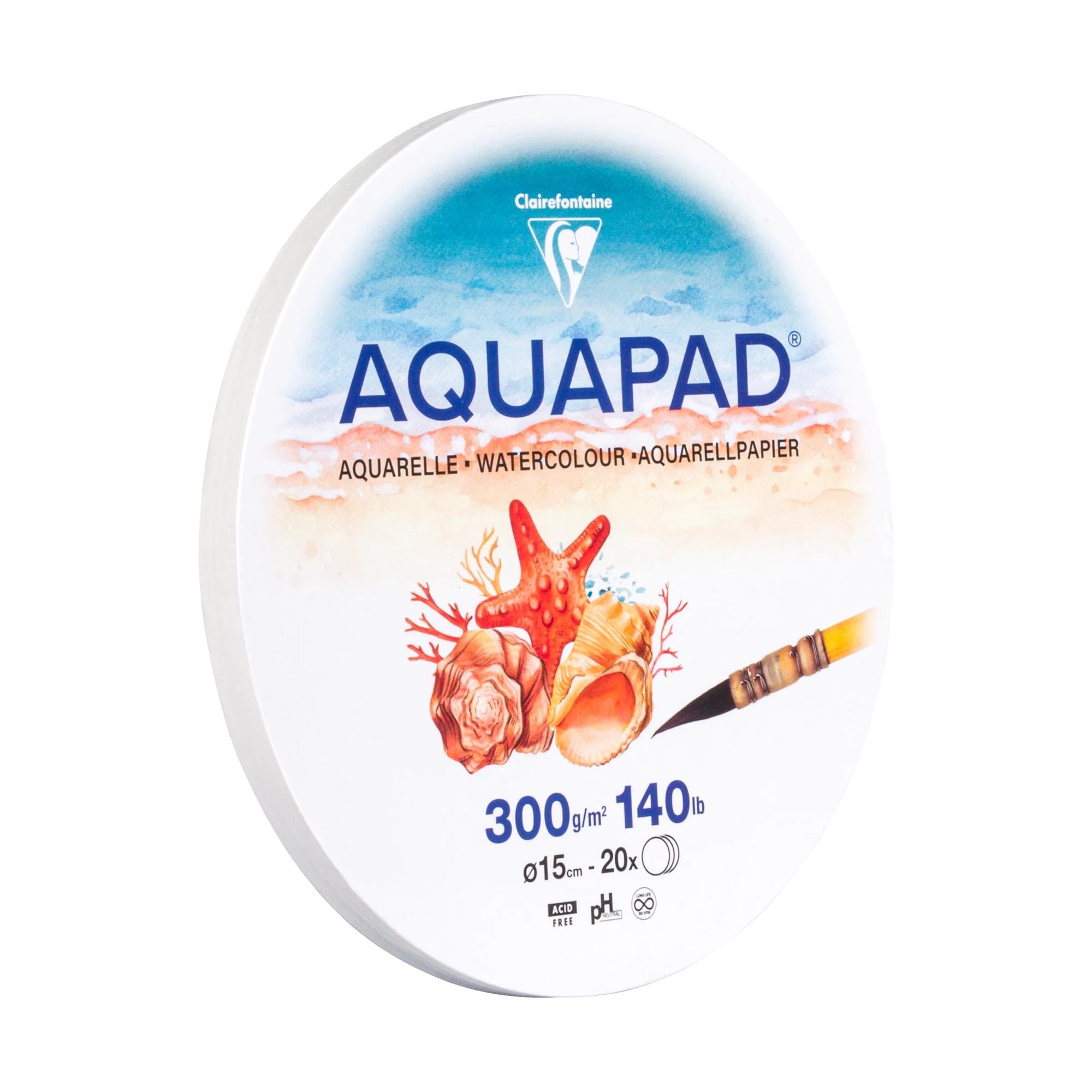 Clairefontaine 976072C Aquapad Fogli Rotondi Confezione Ø15cm 300g - 20 Fogli Carta per acquerello bianca Grana media fine