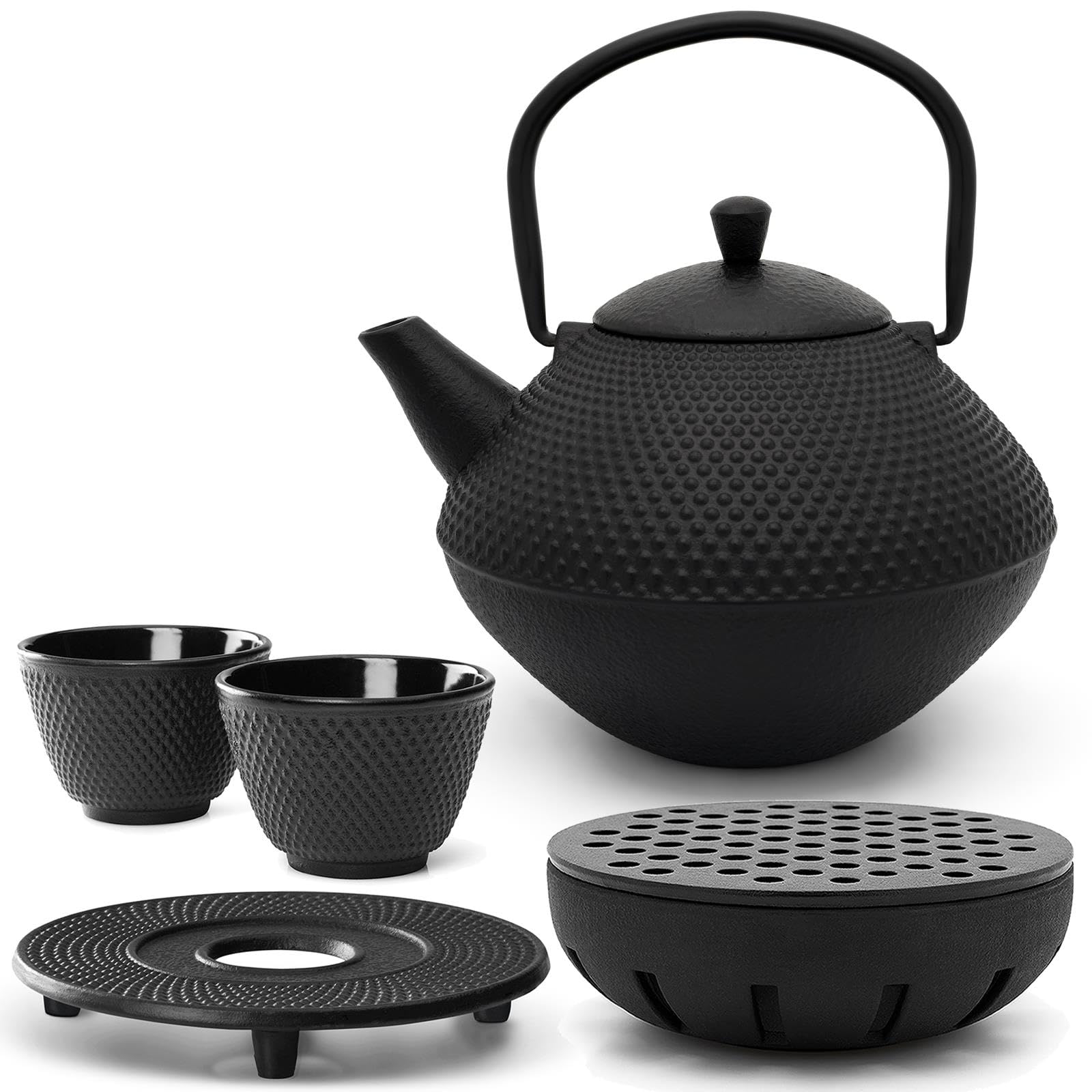 Bredemeijer Teekanne Set Gusseisen 1.0 Liter - mit Edelstahl Tee-Filter Sieb-Einsatz - 2 Teebecher (Tassen) Untersetzer & Stövchen - traditionelles 5-teiliges Teeset für losen Tee