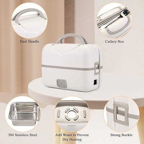 Miniatura 3 de KINBEDY Fiambrera eléctrica, lonchera de 2 capas, calentador de alimentos portátil para el hogar y la oficina, contenedor de alimentos de acero