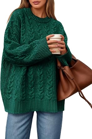 Saodimallsu Womens Cable Knit Sweater Oversized Long Sleeve Chunky Knit Crew Neck Fall Pullover Sweaters Top