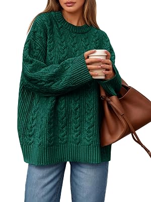 Saodimallsu Womens Cable Knit Sweater Oversized Long Sleeve Chunky Knit Crew Neck Fall Pullover Sweaters Top