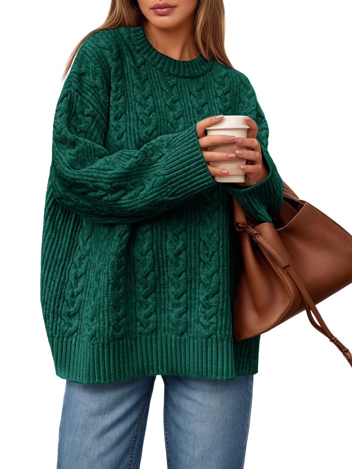 Saodimallsu Womens Cable Knit Sweater Oversized Long Sleeve Chunky Knit Crew Neck Fall Pullover Sweaters Top