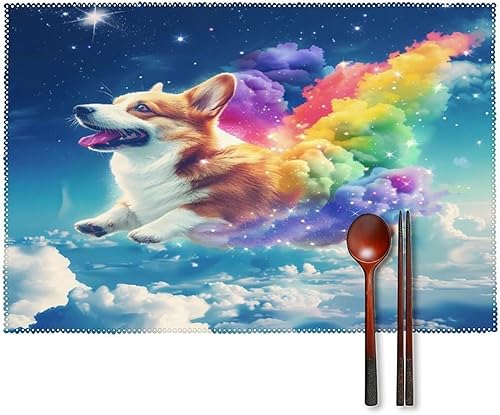 Cute Rainbow Corgi Placemats Set of 6 Resistant Table Mats Washable Place Mats for Dinner Party Table Decoration