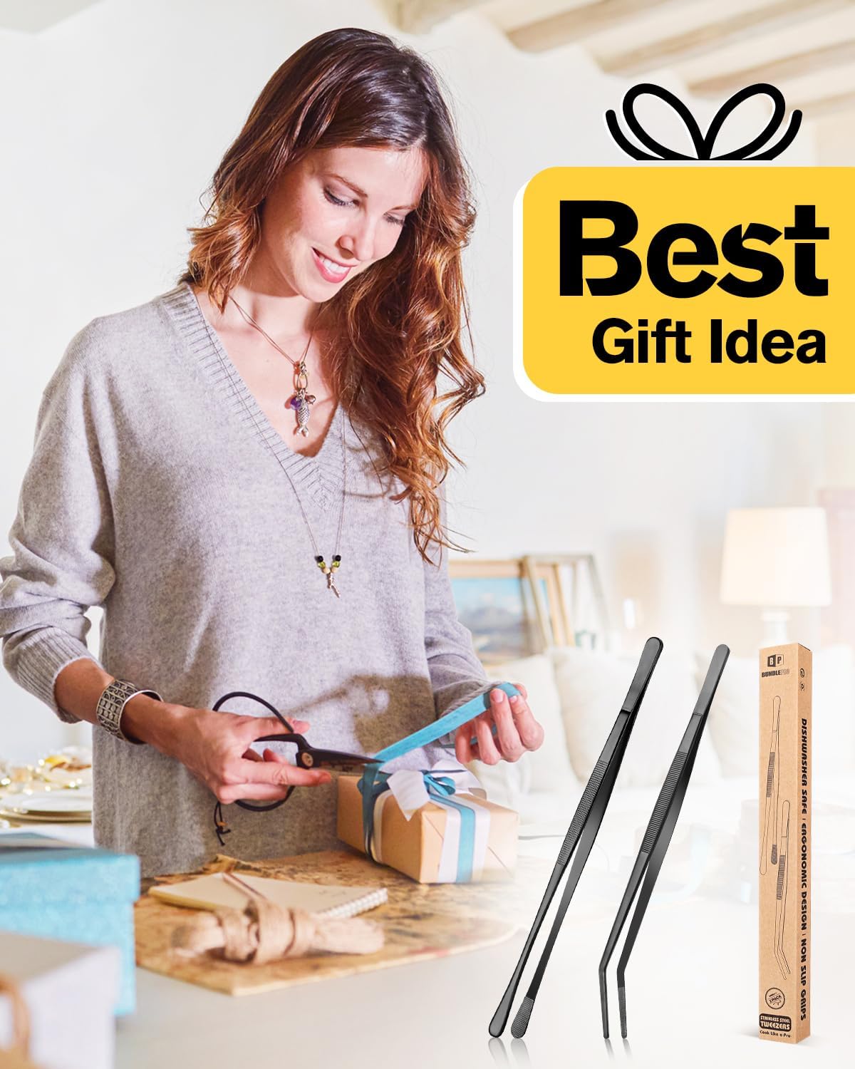 2 Pcs Kitchen Fine Tweezer Tongs, 12'' Stainless Steel Food Tweezers Set, Professional Black Kitchen Long Tweezer for Cooking, Repairing, Sea food and BBQ(BLACK)