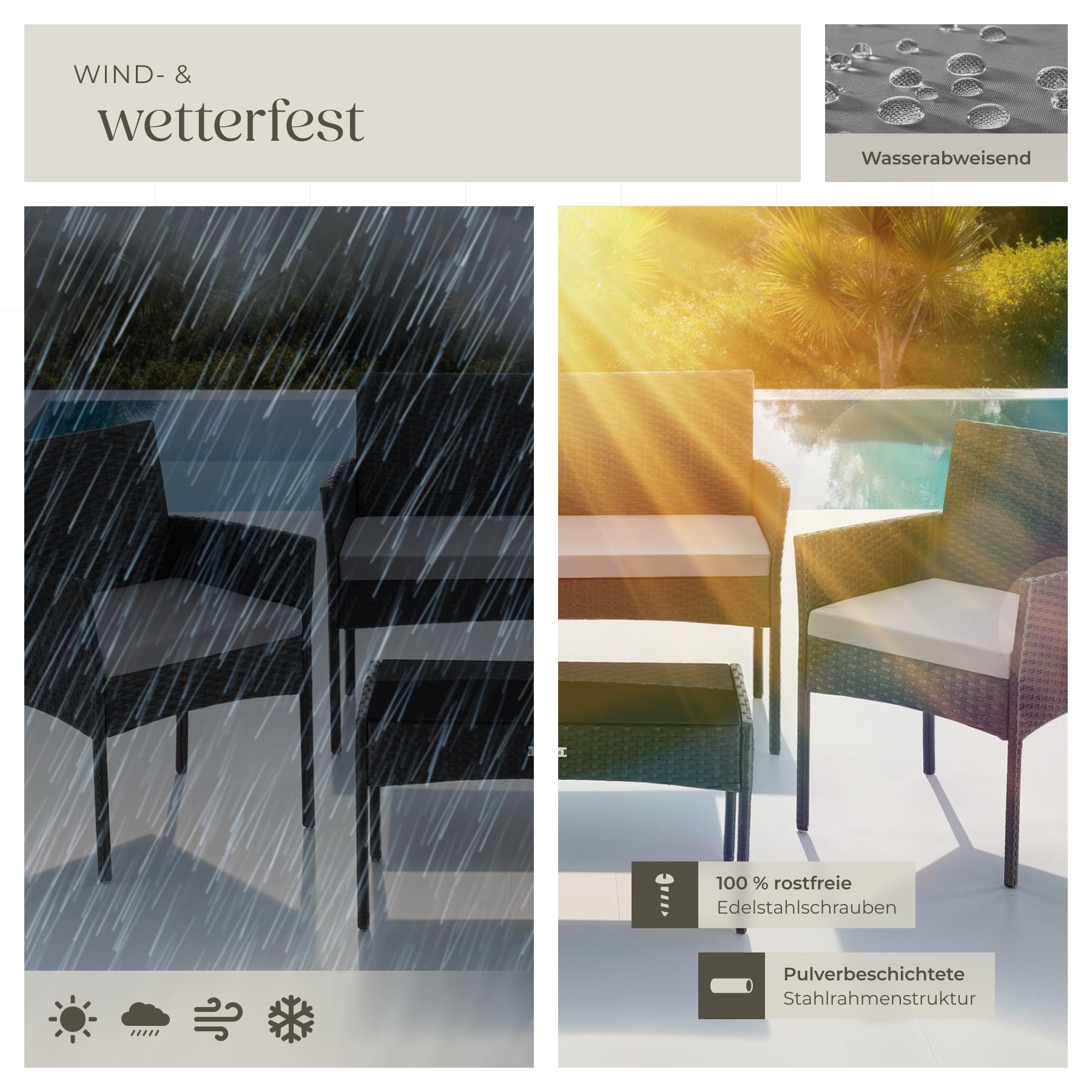 tectake® Rattan Gartenmöbel Set, Outdoor Lounge Möbel,1x Gartenbank, 2X Stuhl, 1x Balkontisch, mit Outdoor Kissen wetterfest, Balkonmöbel Kleiner Balkon, Lounge Gartenmöbel, Terrassenmöbel - schwarz