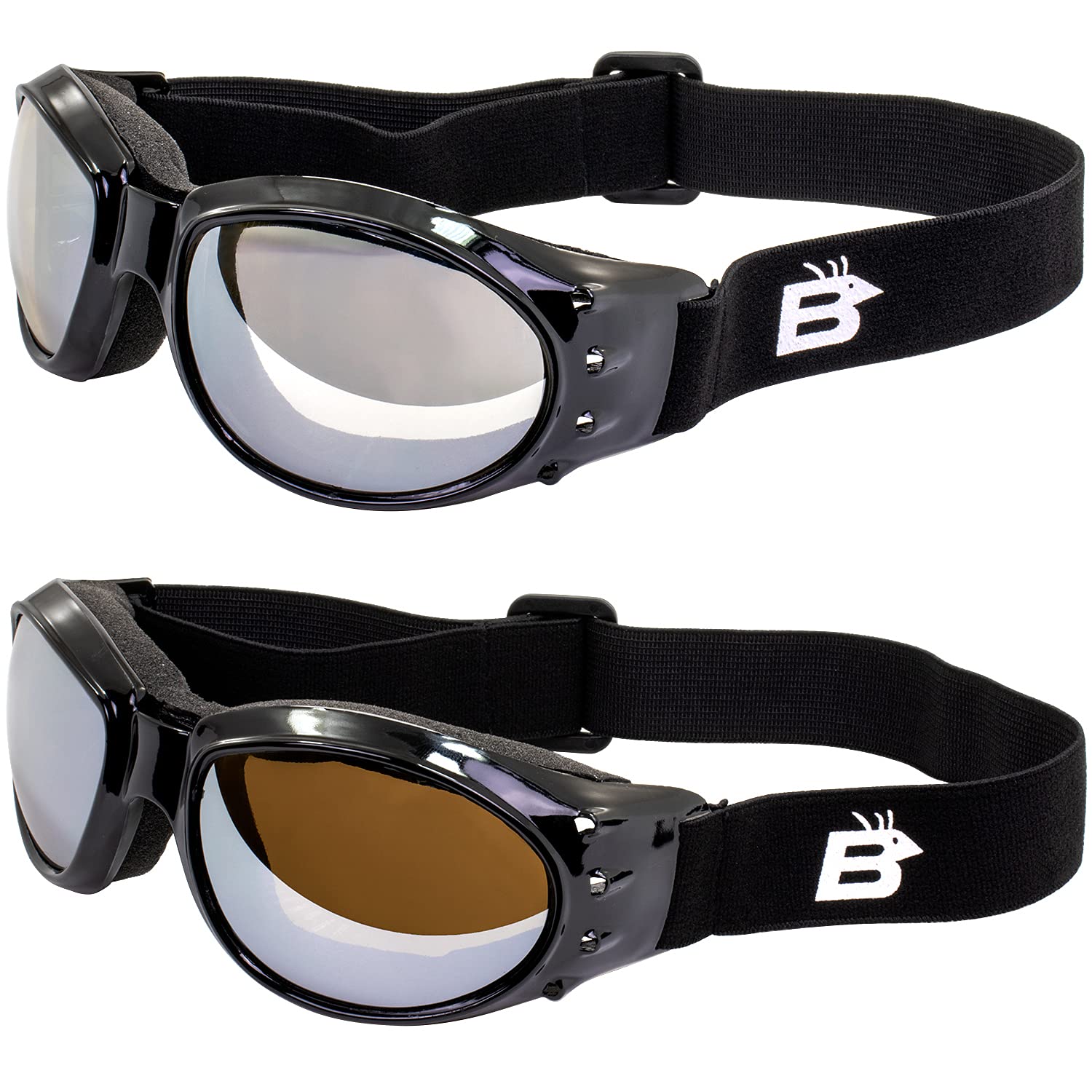Birdz - Gafas de montar para motocicleta, 2 pares de gafas acolchadas con espejo transparente y lentes de espejo de conducción