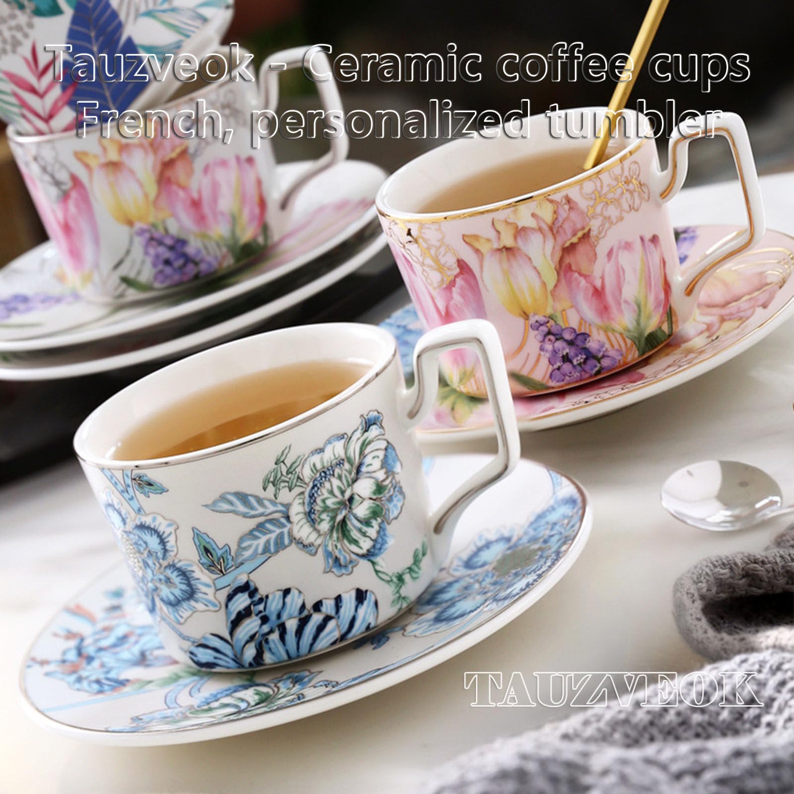 Zestaw filiżanek do kawy espresso ze spodkiem i łyżką, 200 ml kwiatowe kubki ceramiczne, kolorowe porcelanowe filiżanki do herbaty i cappuccino, idealne do użytku domowego lub kawiarni