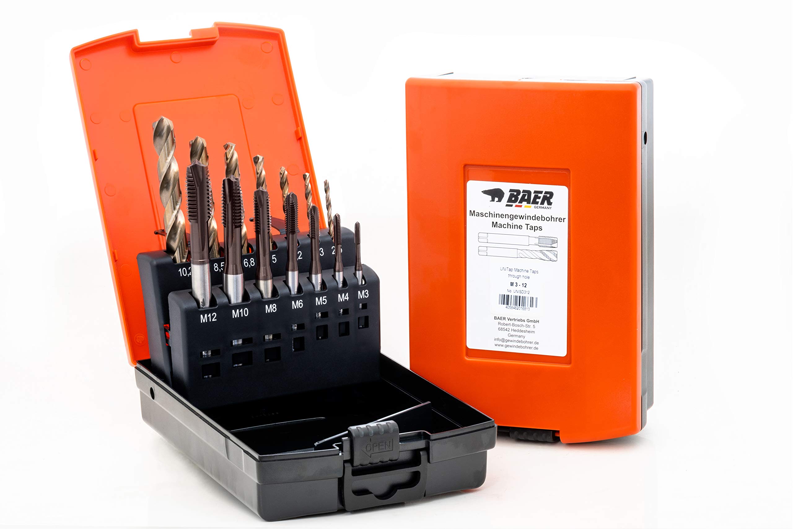 BaerCoil BAER UNiTap Gewindeschneider Set HSSE M3 - M12: Gewindebohrer Durchgangsloch - Kernlochbohrer - High-End Gewindeschneid-Satz - Gewindebohrer-Set - Gewindeschneider - Maschinengewindebohrer