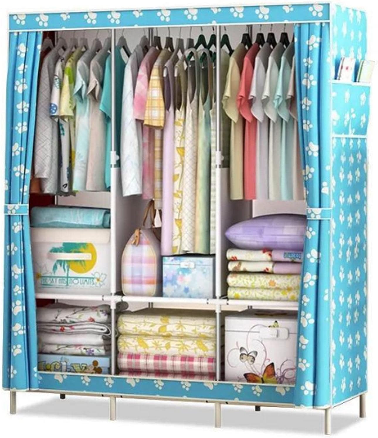 Portable Canvas Wardrobe, Fabric Clothes Closet Storage Organizer with Hanging Rail, Shelves, Side Pockets, Foldable Closet for Bedroom,Blue-125x45x170cm