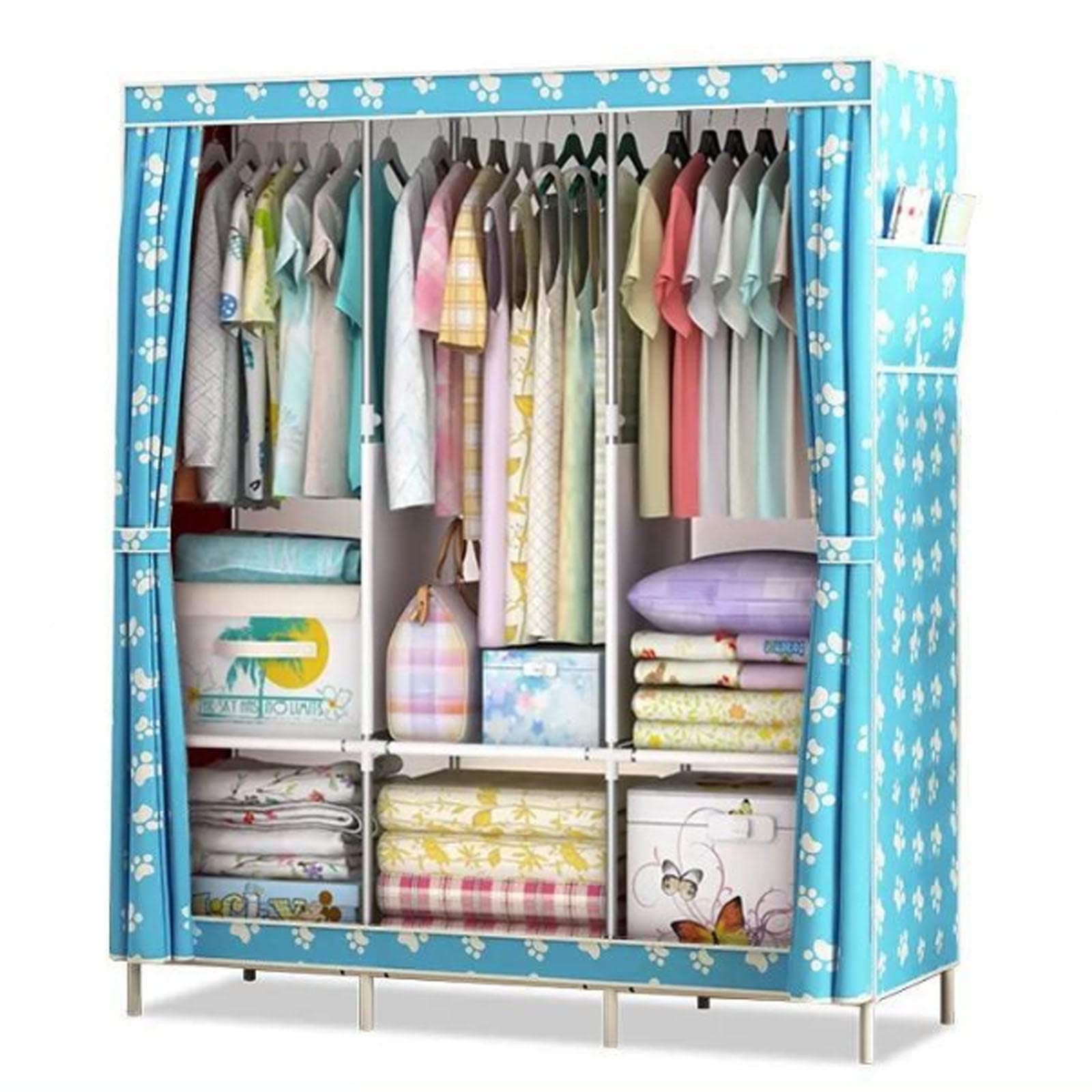 Tragbarer Kleiderschrank aus Segeltuch, Stoff-Kleiderschrank, Aufbewahrungsorganisator mit Kleiderstange, Regalen, Seitentaschen, faltbarer Schrank für Schlafzimmer, Blau-125 x 45