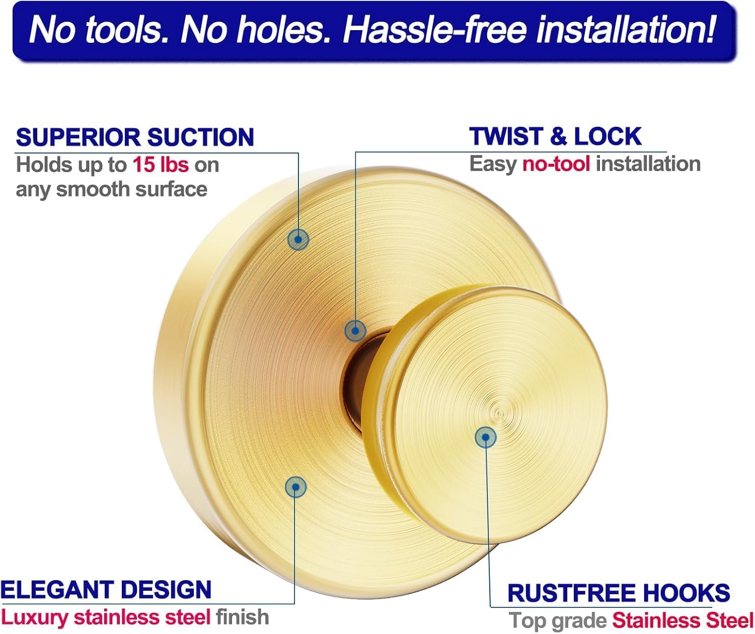 Suction Cup Hooks for Shower, Reusable Twist Towel Hooks for Tile Wall, Painted Wall, Glass Window, Sleek Stainless Steel Sticky Hanging Accessories for Kitchen, Bedroom, Home Décor, Gold