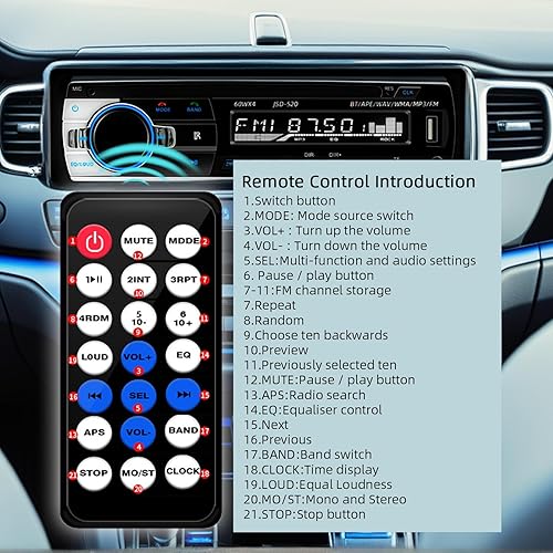 Miniatura 5 de JSD-520 Reproductor de audio estéreo para coche MP3 DIN único Bluetooth manos libres receptor de radio FM carga USBAUXTF, sin reproductor de CD