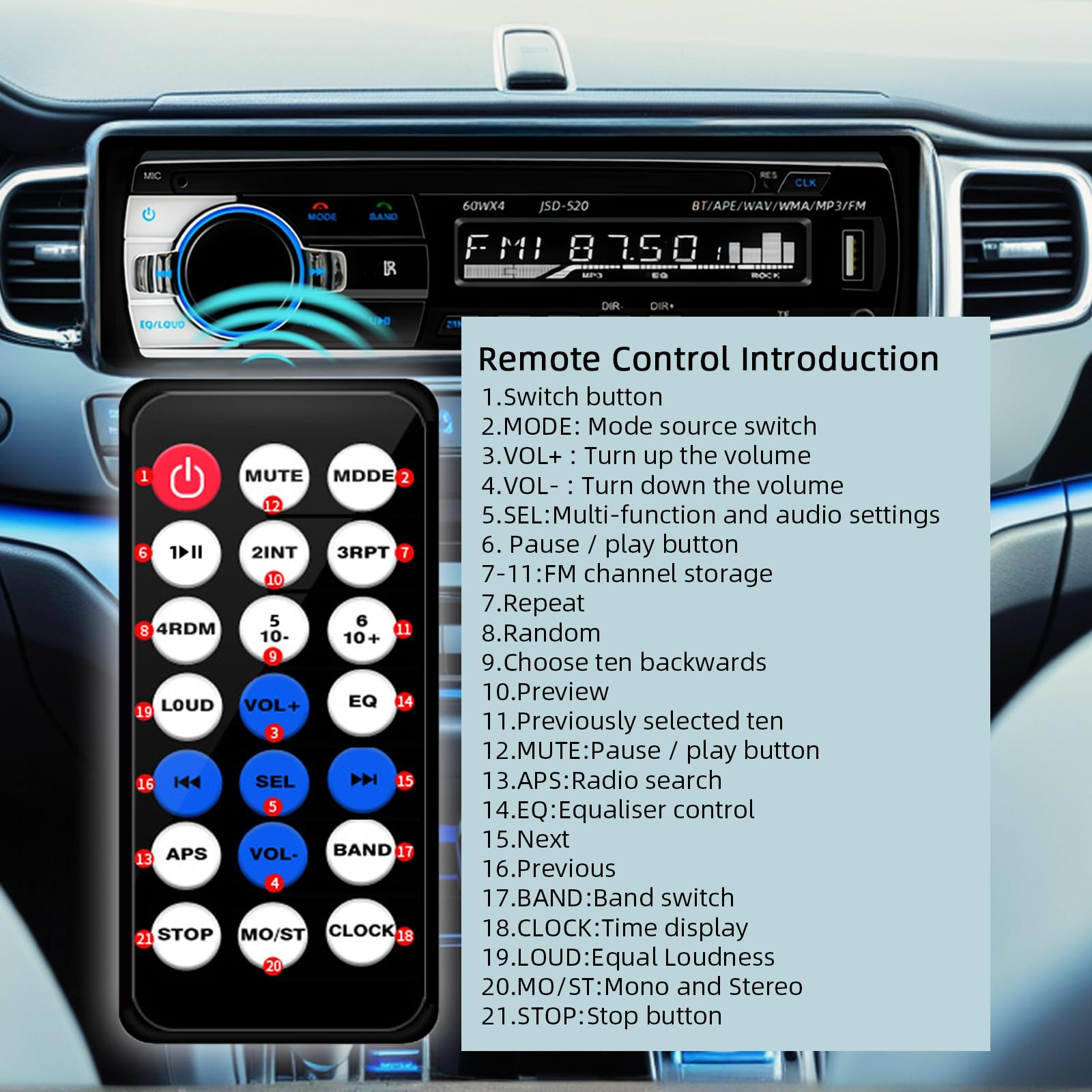 JSD-520 - Reproductor de audio estéreo para coche, MP3, Bluetooth, manos libres, receptor de radio FM, carga USB/AUX/TF, sin reproductor de CD