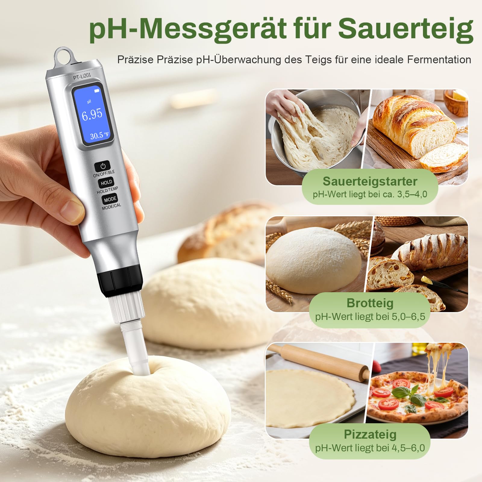 Intelligentes pH Messgerät mit App, Digitales pH Tester für Lebensmittel und Wasser mit Kalibrierpulver, pH Meter mit ATC für Sauerteig, Käse, Brot, Fleisch und fermentierte Getränke & Lebensmittel
