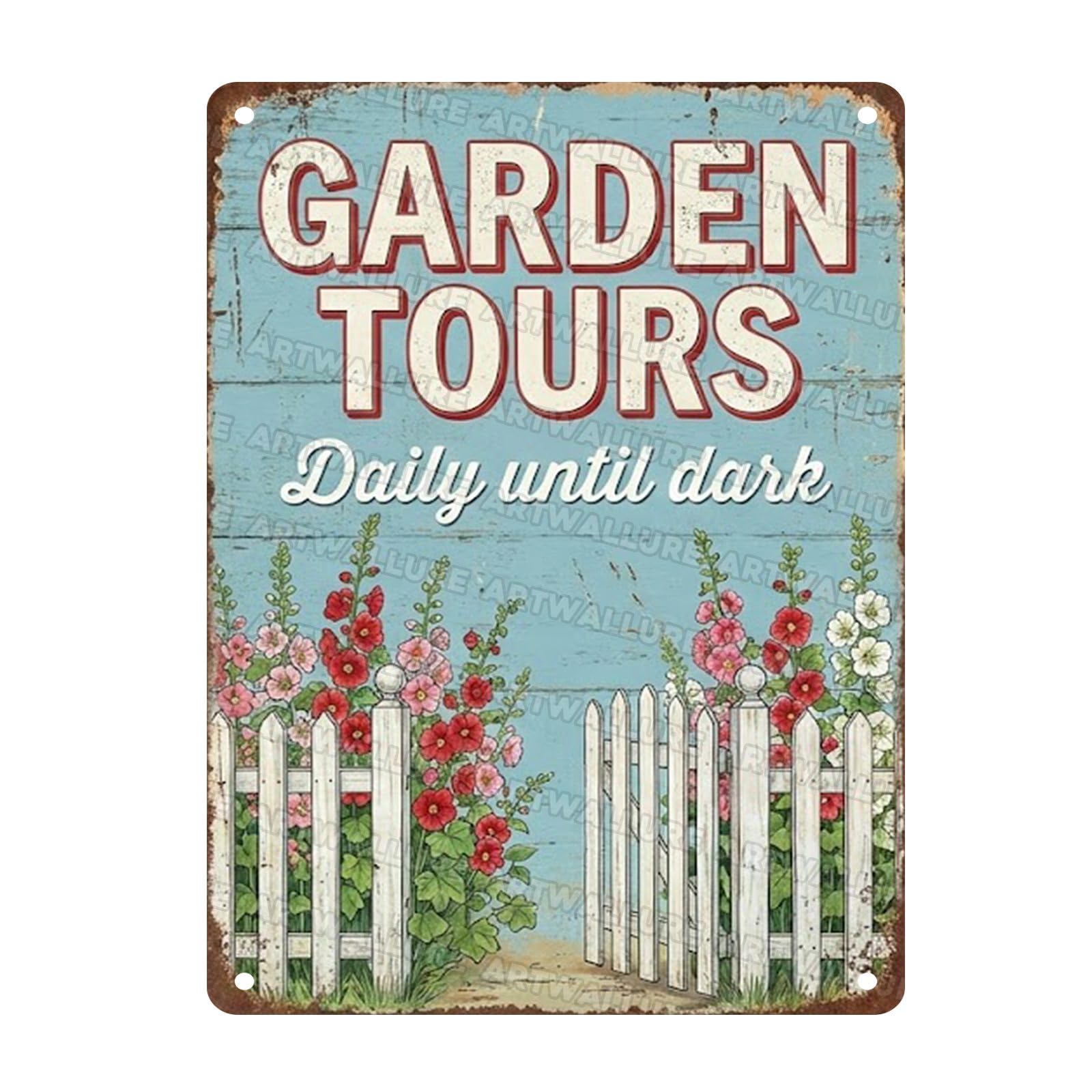 Garden Metal Tin Sign Garden Tours Daily Until Dark Vintage Sign Blue Wood Look Flower Wall Decor Retro Nature Art for Cottage Gate Fence Yard Greenhouse Farmhouse Porch Decor 12x16Inch