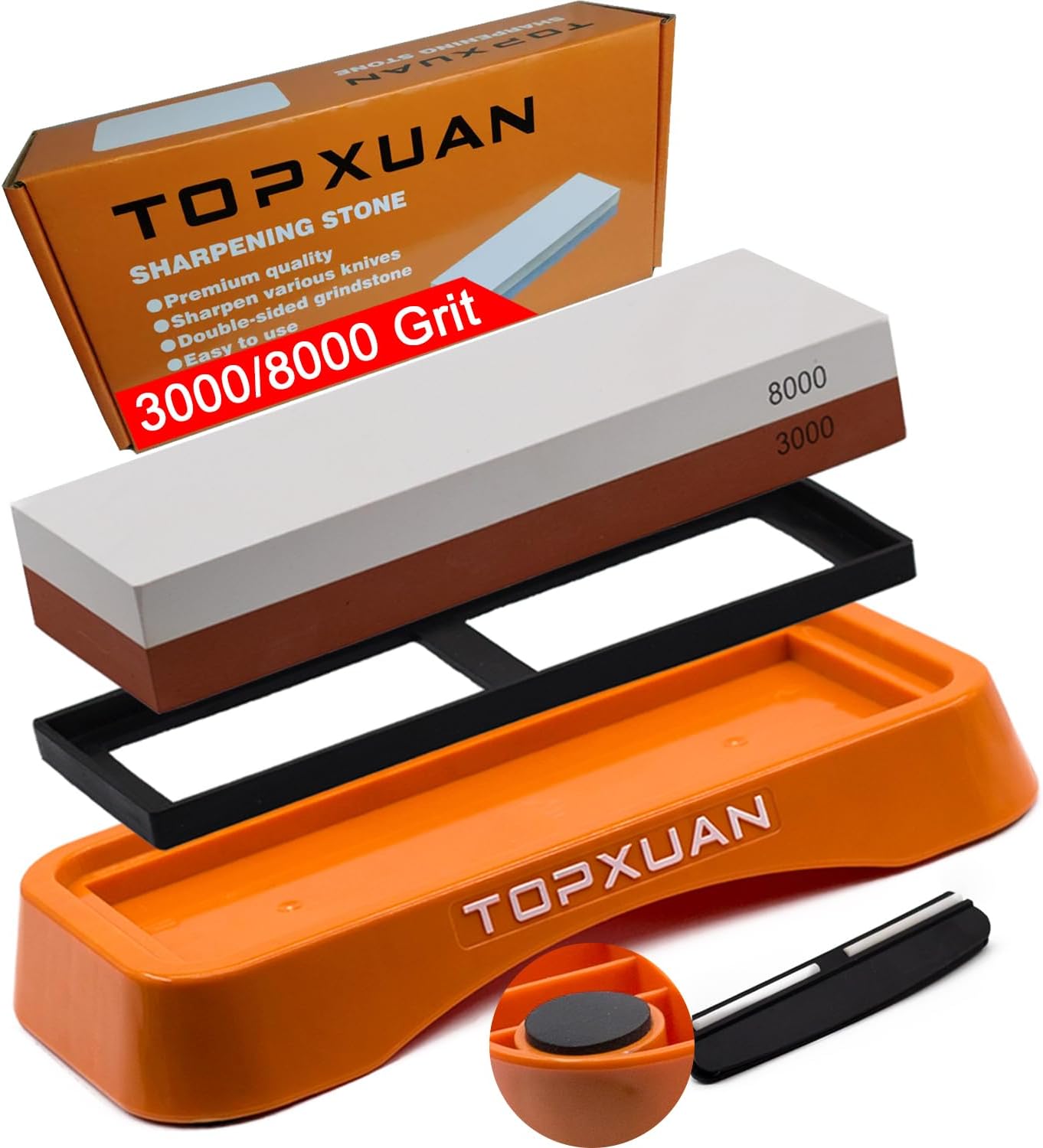 Whetstone Knife Sharpening Stone 2 Sided 3000/8000 Waterstone, Professional Kitchen Knife Sharpener with Orange Plastic Base, Non-Slip Rubber and Angle Guide