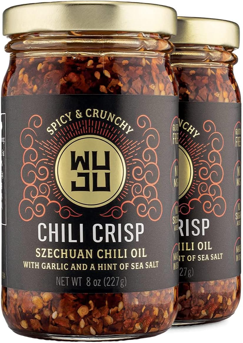 WUJU Chili Crisp, Chili Oil, Chili Sauce, Chili Garlic Sauce, Chinese Hot Sauce, Heat with Crispy Texture, Clean Natural Ingredients, Made in USA - 2 x 8 Ounce