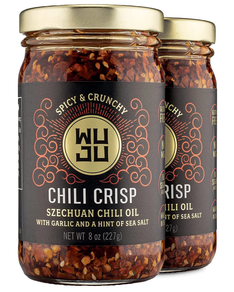 WUJU Chili Crisp, Chili Oil, Chili Sauce, Chili Garlic Sauce, Chinese Hot Sauce, Heat with Crispy Texture, Clean Natural Ingredients, Made in USA - 2 x 8 Ounce