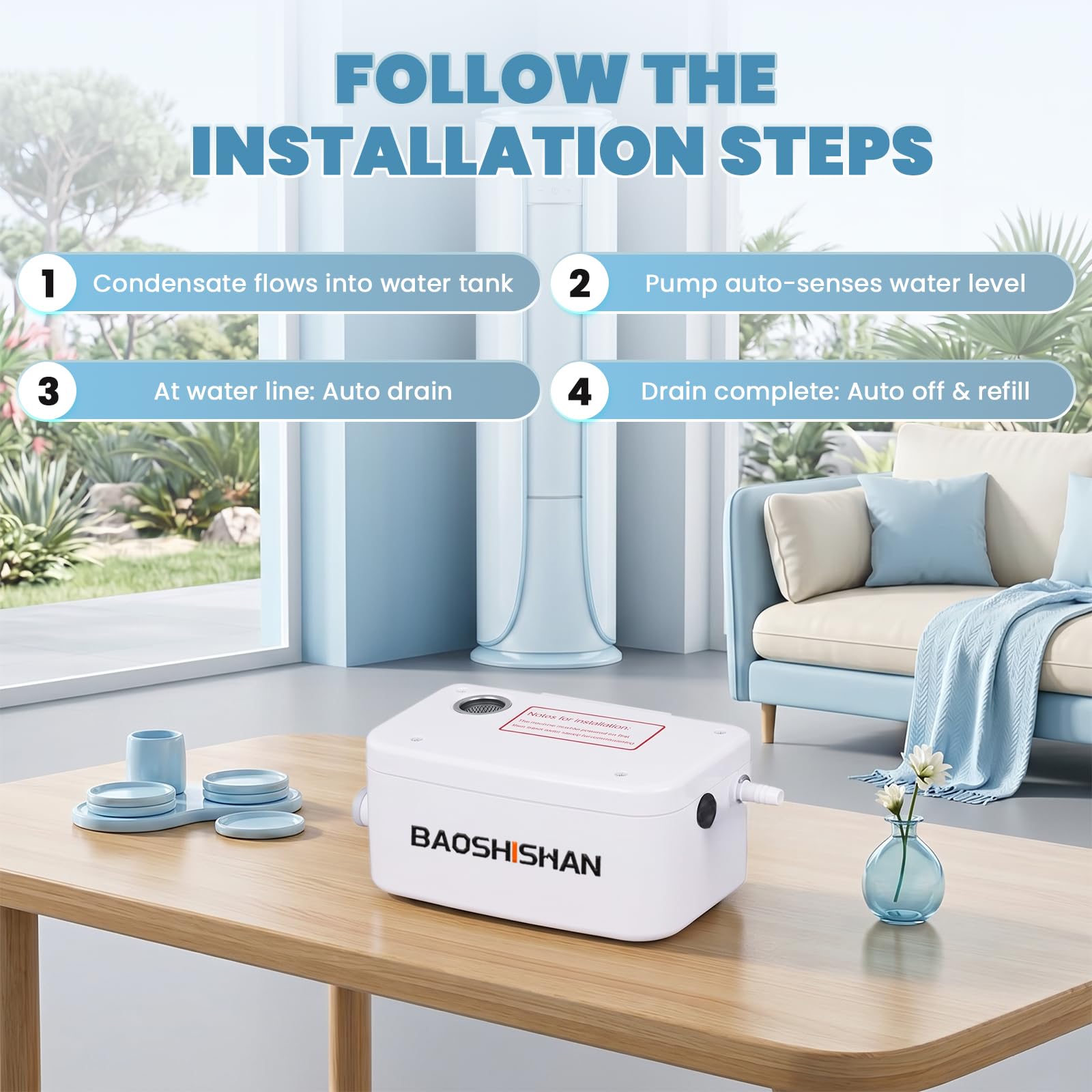 BAOSHISHAN Bomba de condensación, caudal 50 L/h, altura de descarga 12 m, incluye tubo de 5 m, bomba de agua de condensación adecuada para aire acondicionado de 8 kW