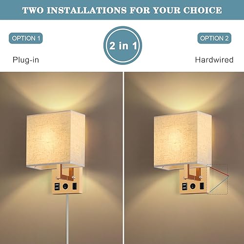 Miniatura 7 de CADUKE Juego de 2 apliques de pared enchufables dorados con cable enchufable, lámpara de pared de cabecera con puertos de carga USB y enchufe de