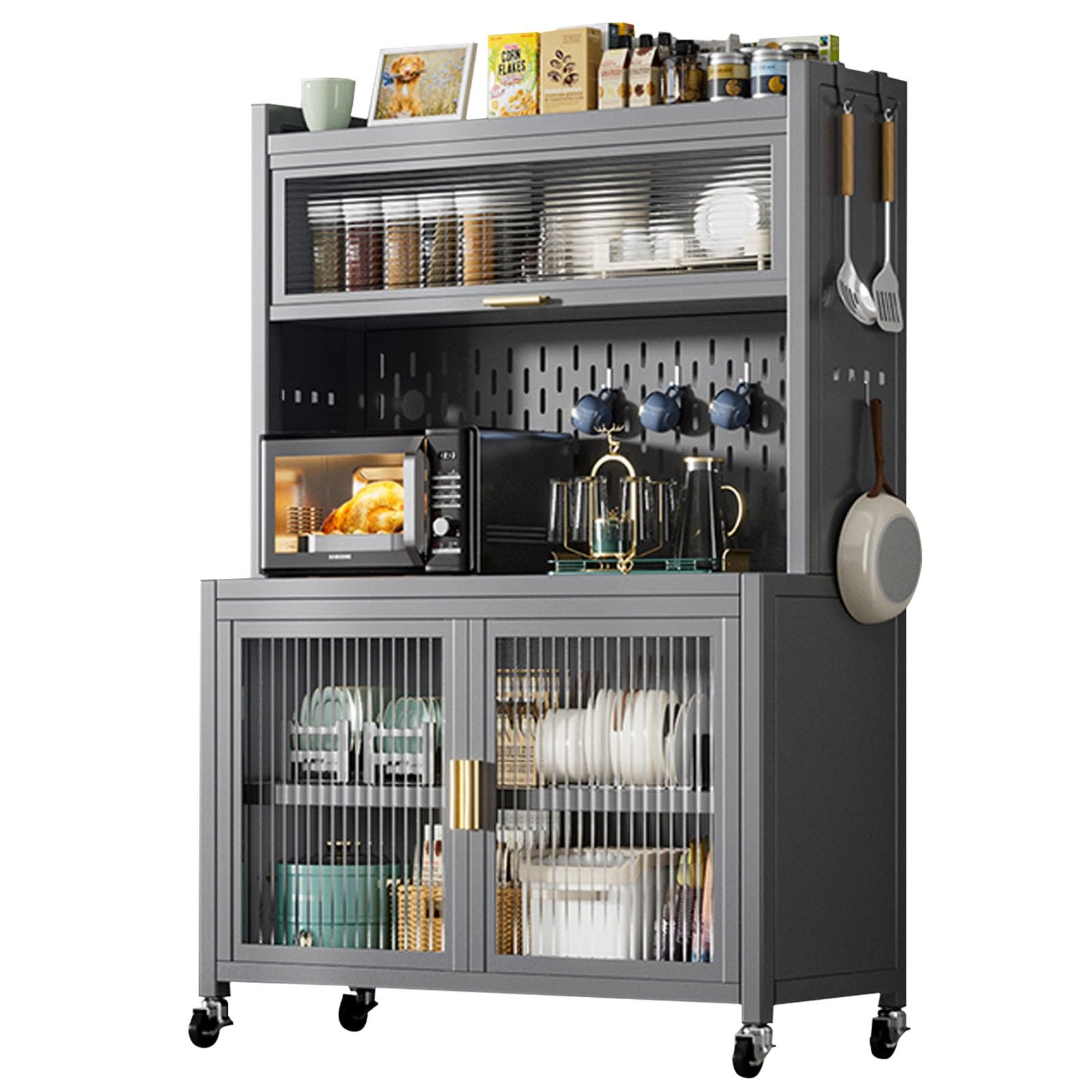Étagère de rangement de cuisine à 5 niveaux pour micro-ondes et garde-manger à portes transparentes