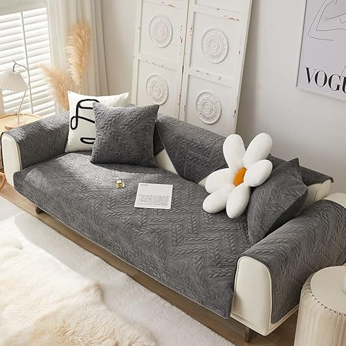 vctops Funda de sofá de terciopelo grueso estilo granja, funda de sofá de felpa suave acolchada con hojas, funda de sofá modular antideslizante,