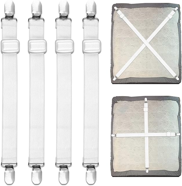 Bed Sheet Clips, 55 cm-250 cm Adjustable Bed Sheet Straps, Upgraded Elastic Sheet Fasteners for Bedding, Fitted Bed Sheet Grippers to Keep Your Sheets in Place,4Pcs