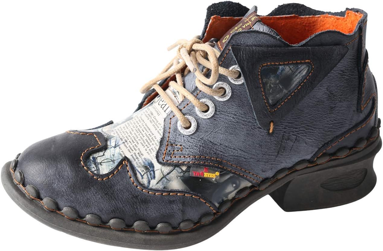 TMA EYES Leather Women's Ankle Boots Shoes for Outdoor,Medium heel, Floral Newspaper Printed Leather Material