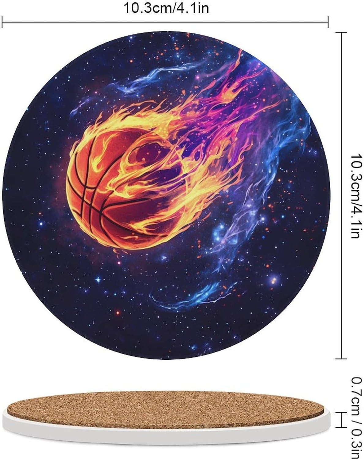 Basketball with Flame Fire Round Ceramic Coasters Print Drinks Absorbent with Cork Base for Home Decor Gifts 4 Inch