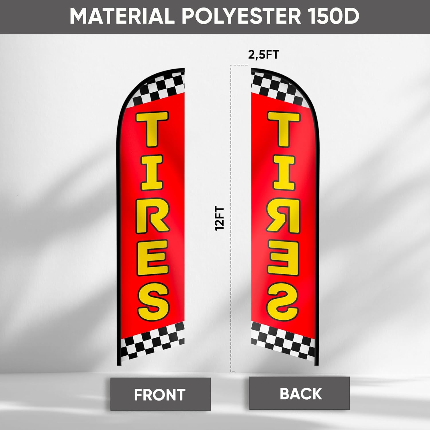 Tires Feather Flag - Advertising Flags - Tire for Sale Business Banner Ideal for Auto Repair Shops, Mechanics, Car Dealerships and Auto Body Shops 12ft x 2.5ft (Pole not included)