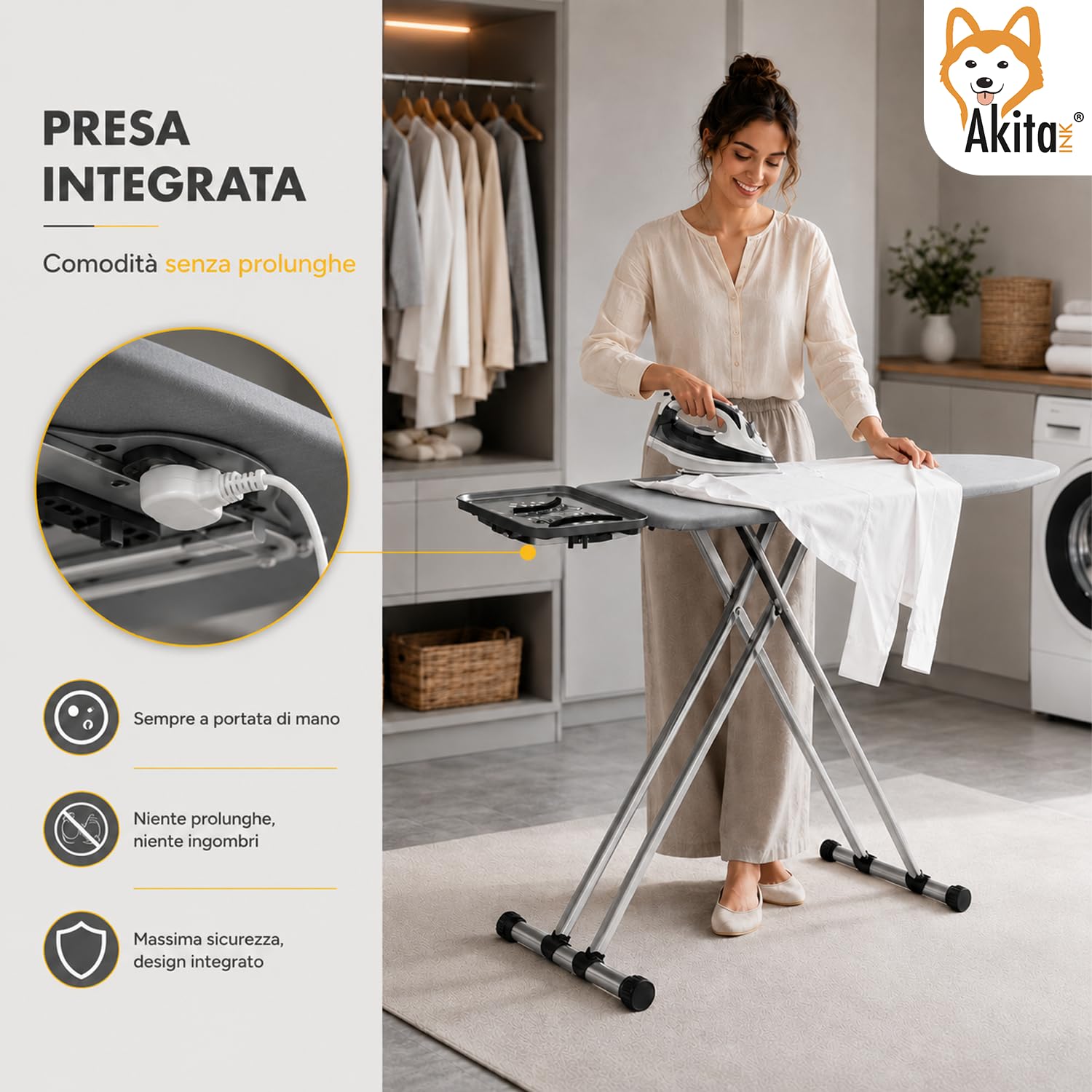 AkitaInk Asse da Stiro con Presa Integrata 125x43 cm, Tavolo da Stiro Pieghevole in Acciaio con Altezza Regolabile, Poggiaferro e Piedini Antiscivolo